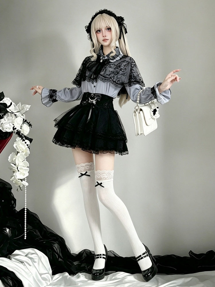 Midnight Blue Lace-Cape Blouse with Long Sleeves - AMAHAKAWA - image 3