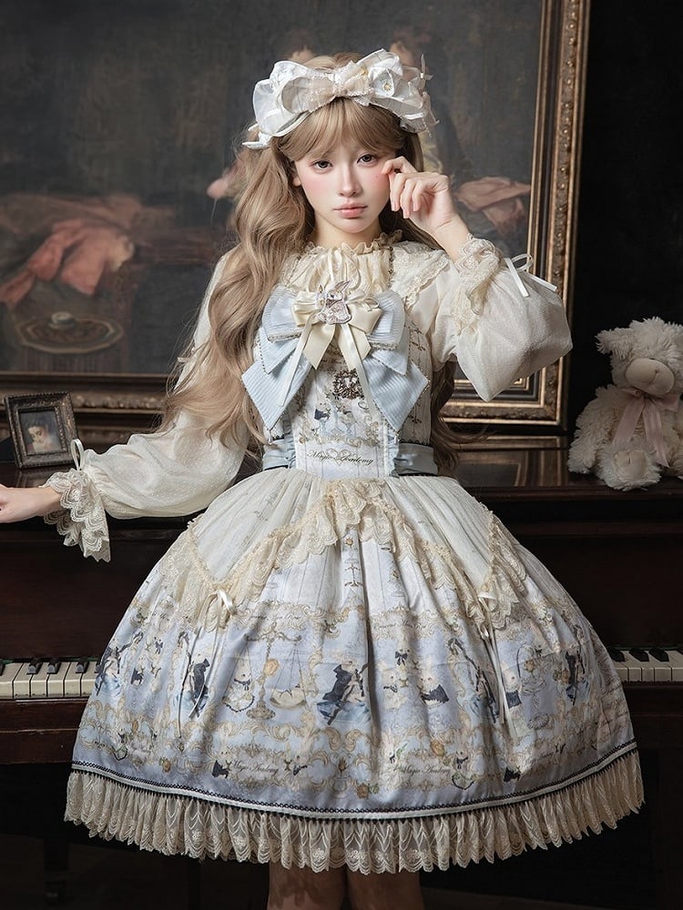 Azure Rabbit-Print Bow JSK with Lace Blouse - image 5