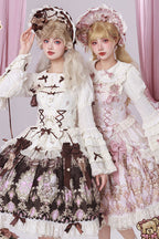 Antique Teddy Bear - Sleeveless Printed Bow Lace Sweet Elegant Lolita JSK Dress - image 8