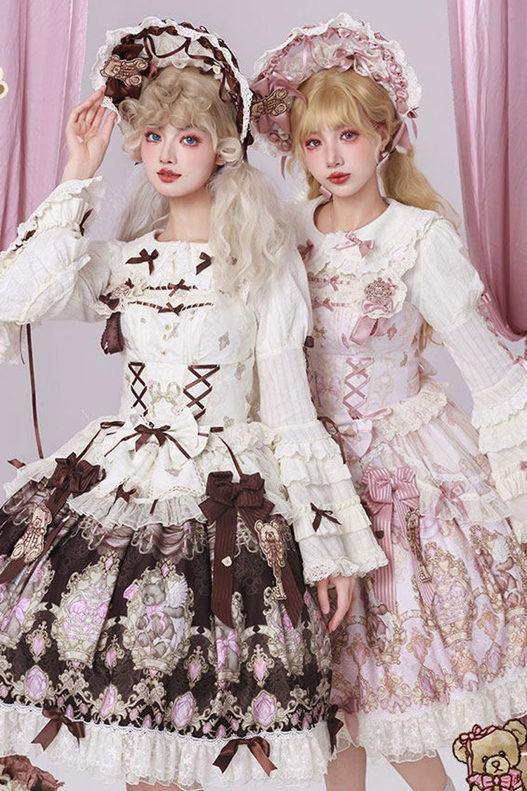 Antique Teddy Bear - Sleeveless Printed Bow Lace Sweet Elegant Lolita JSK Dress - image 8