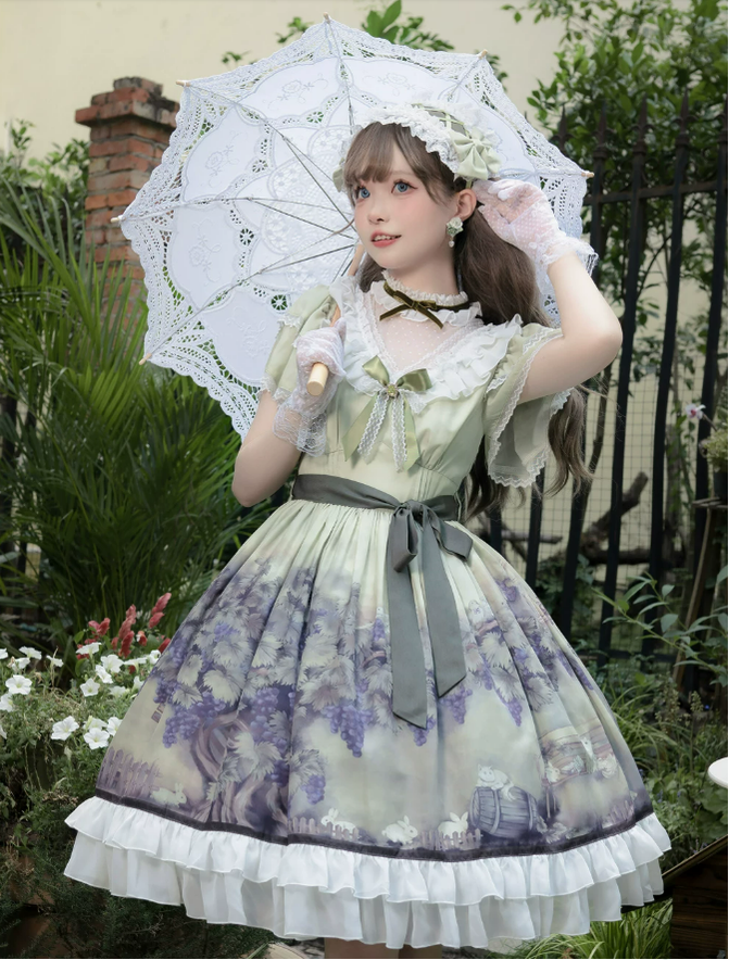 Grape Manor - Back Zipper Classic Lolita OP Dress, Bunny and Grape Print - image 2