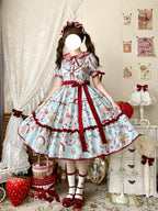 The Bear's Strawberry Field - Daily Lolita OP Dress With Petal Collar & Bear Strawberry Print and Accessories - image 4