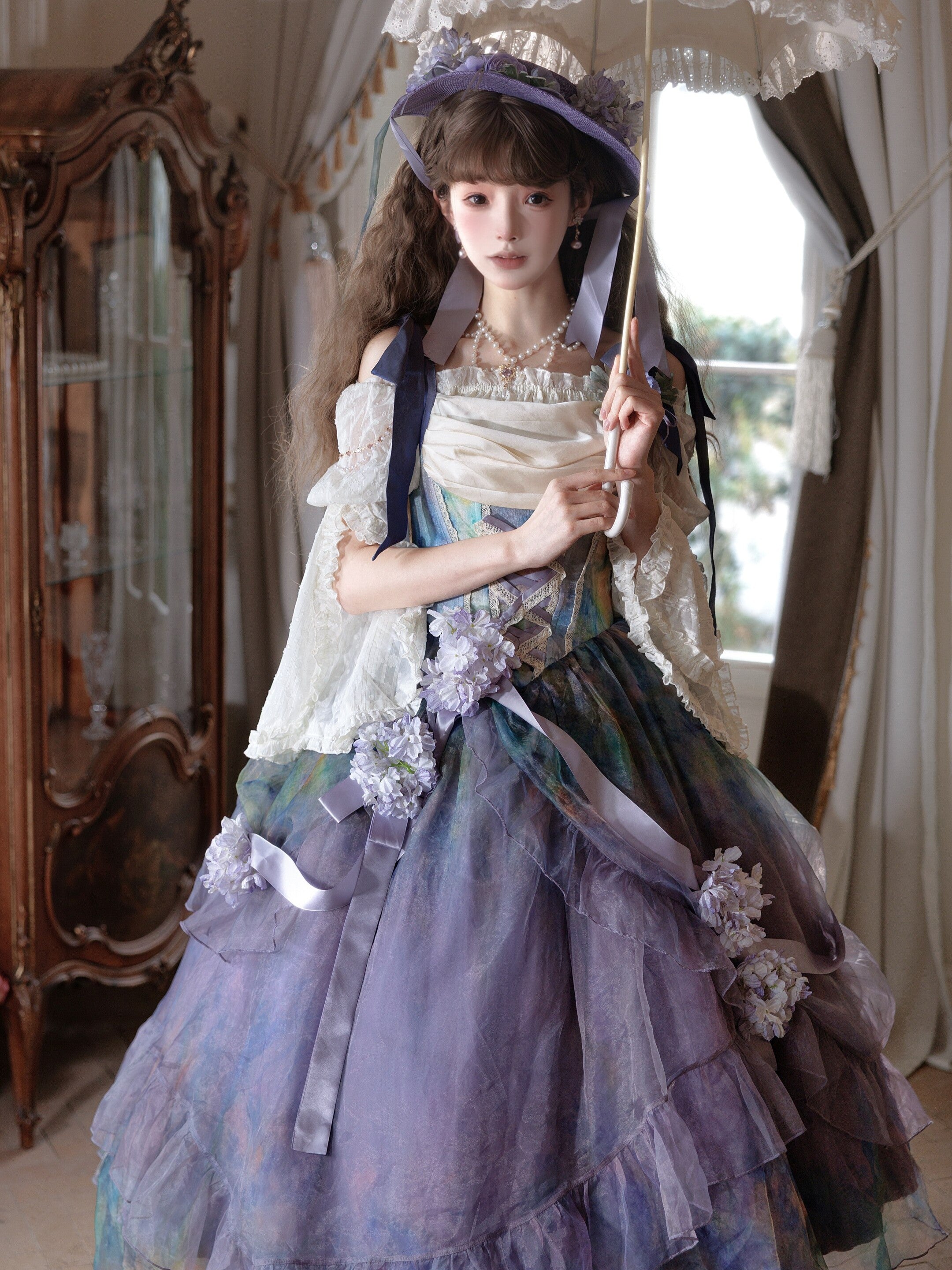 Wild Roses of Arles Purple Green Oil Painting Print Cowl Neck Tail JSK Classic Lolita Dress and Accessories - image 11