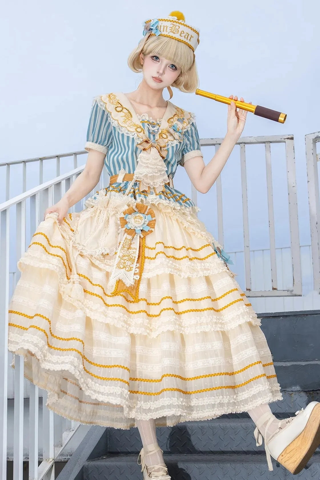 Antique Sailor Bear Blue Stripe Cropped Top Long Skirt Lolita Set - image 1