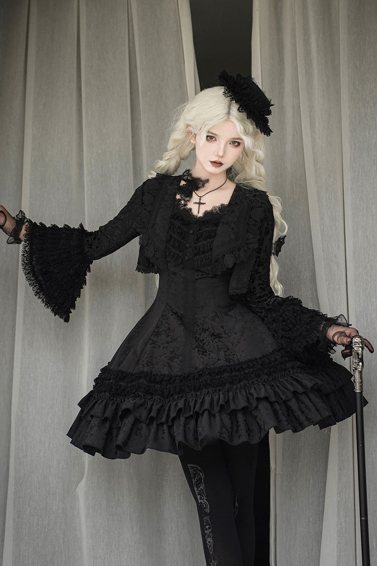 Escape - Double-Layered Jacquard Striped Printed Ruffled Slim Gothic Lolita JSK Dress 3 Colors - image 3