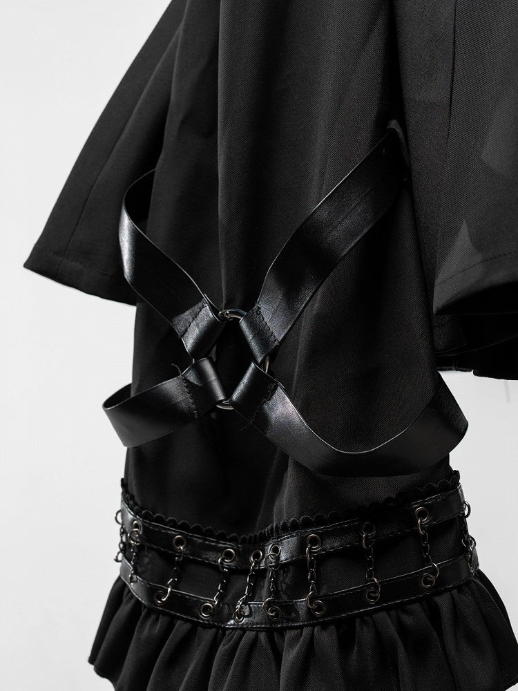 Black Halter Flare Long-Sleeve Dress with Leather Straps and Shorts Set - image 6