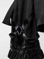 Black Halter Flare Long-Sleeve Dress with Leather Straps and Shorts Set - image 6