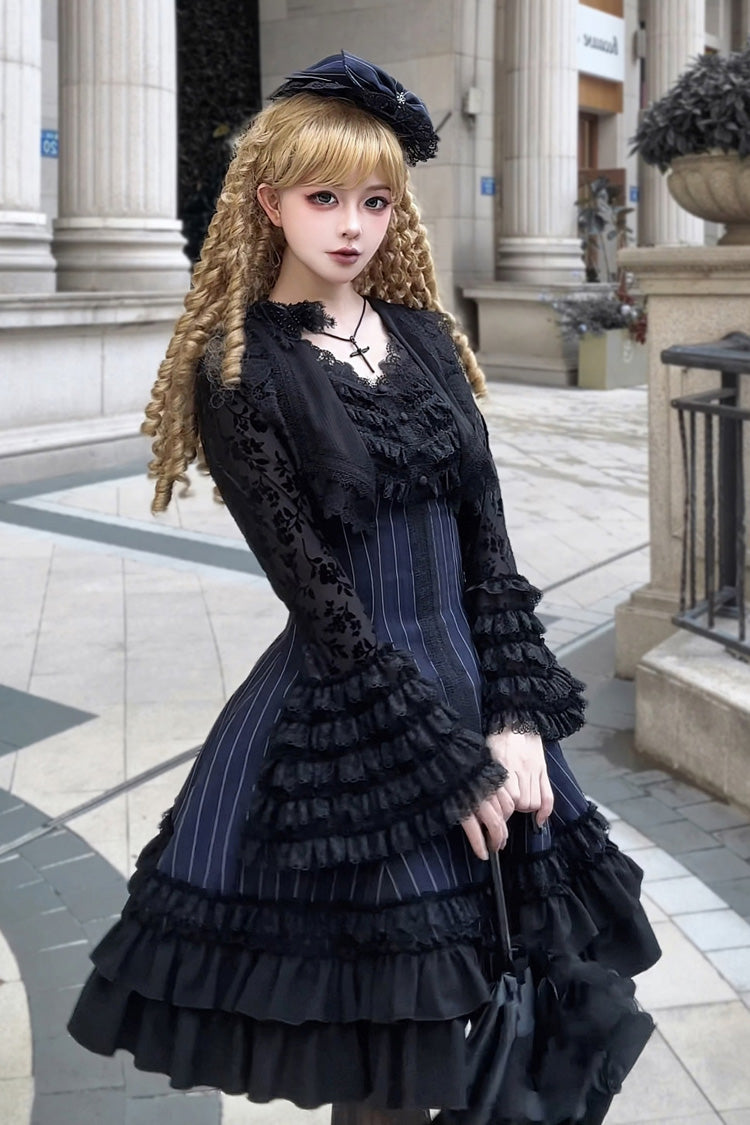 Escape - Double-Layered Jacquard Striped Printed Ruffled Slim Gothic Lolita JSK Dress 3 Colors - image 9