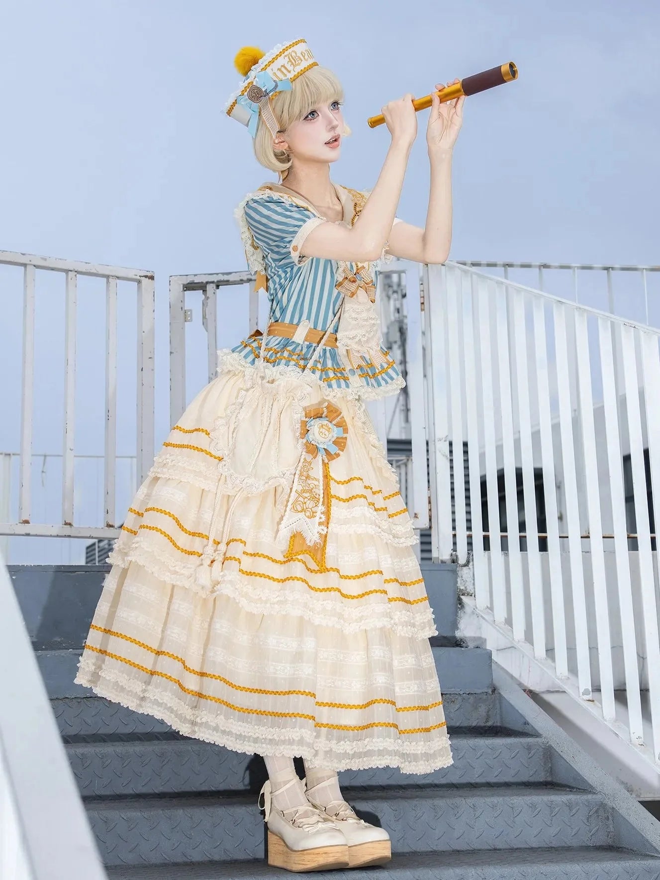 Antique Sailor Bear Blue Stripe Cropped Top Long Skirt Lolita Set - image 3