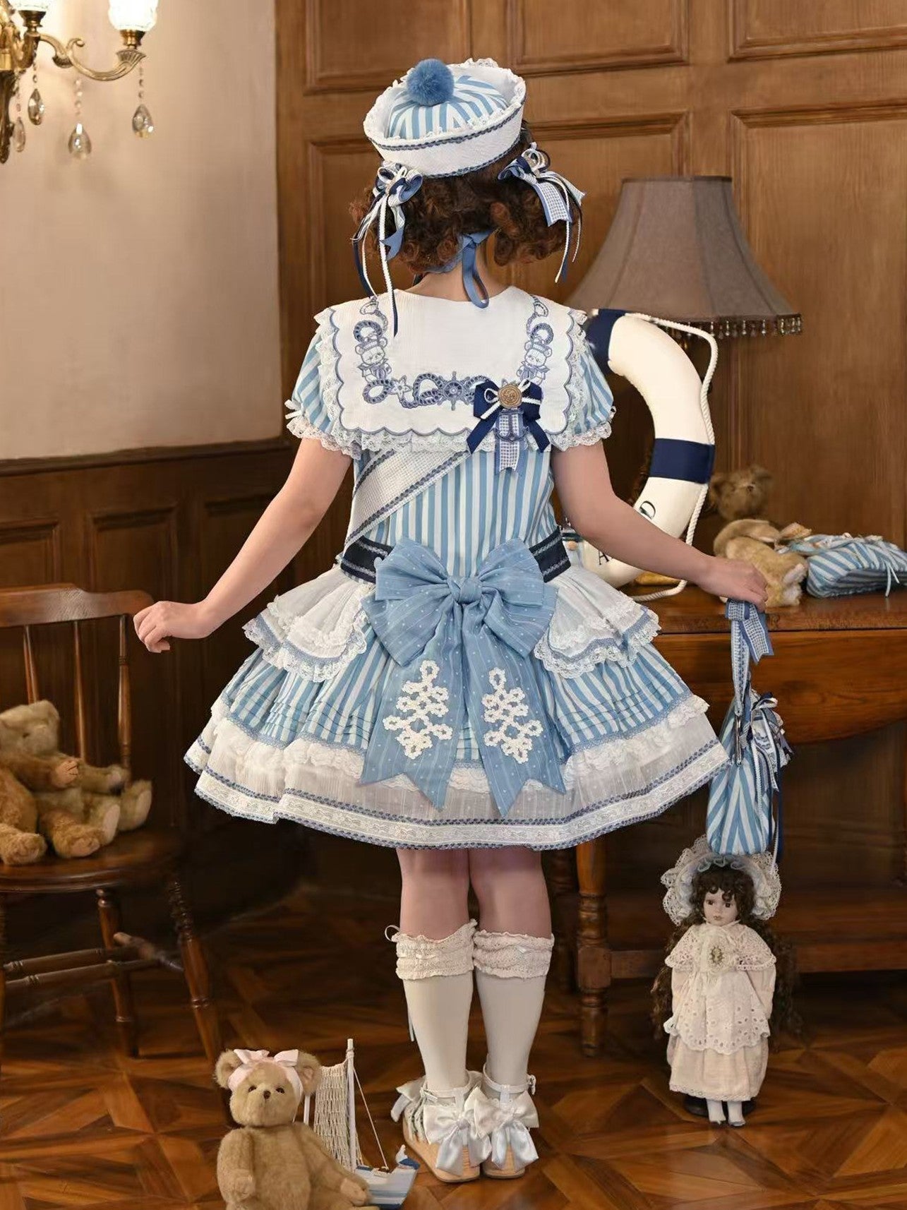 Antique Sailor Bear Blue Stripe Low Waist Lolita OP Dress - image 4
