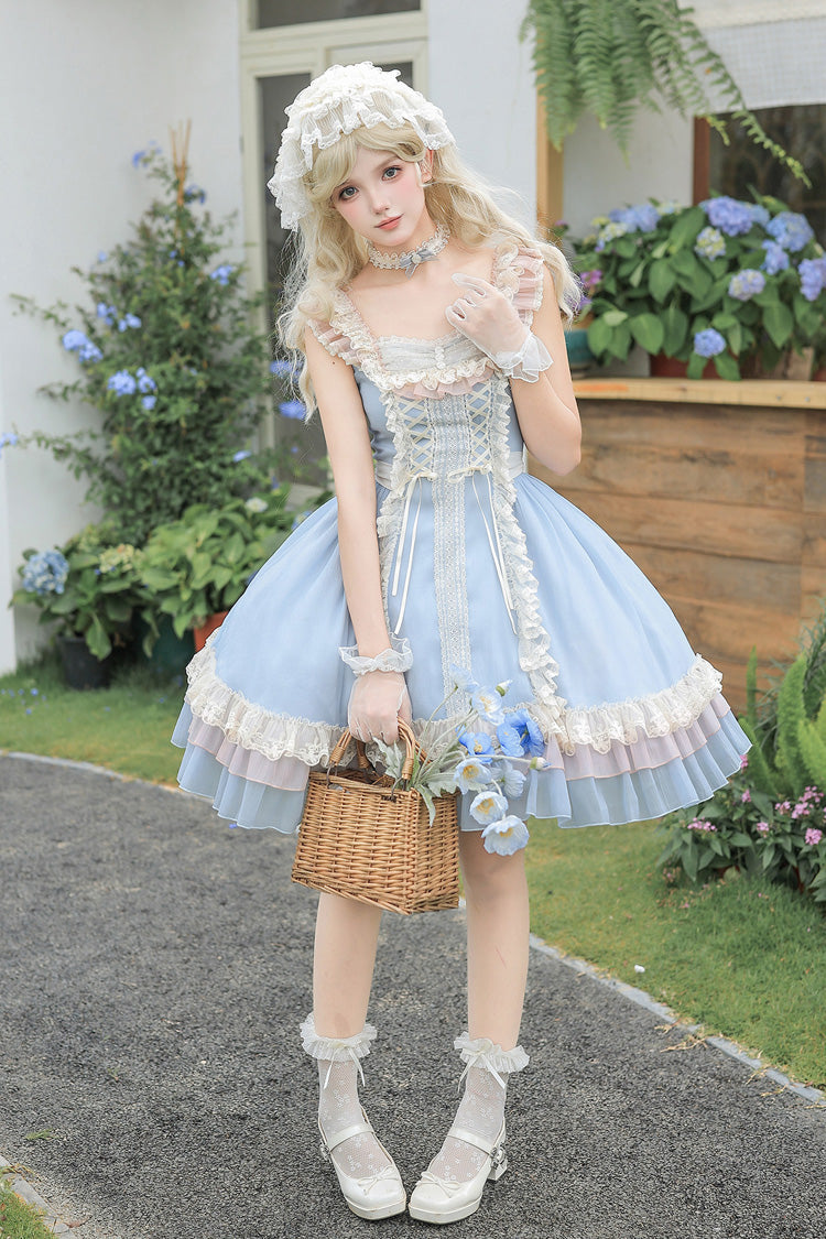 Island Diary - Square Collar Flutter Sleeves Triple-Layered Ruffled Lace-Up Sweet Lolita JSK Dress 2 Versions - image 20