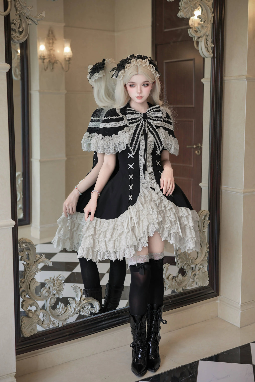 Silver Butterfly Amber - Black Gothic Lolita OP Full Set - image 9