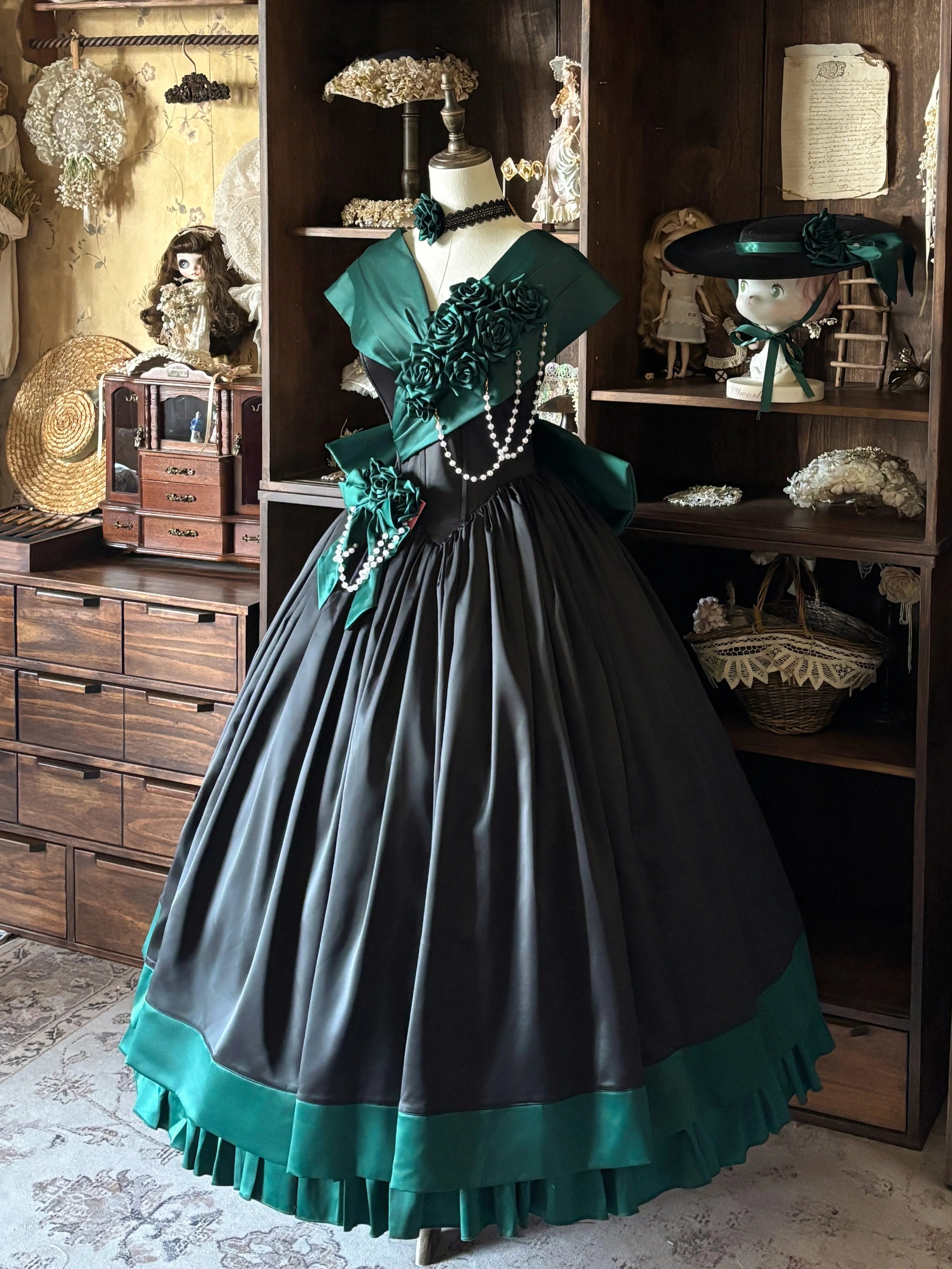 Rose 3D Floral Pearl Gothic Lolita Ball Gown OP Dress - image 3