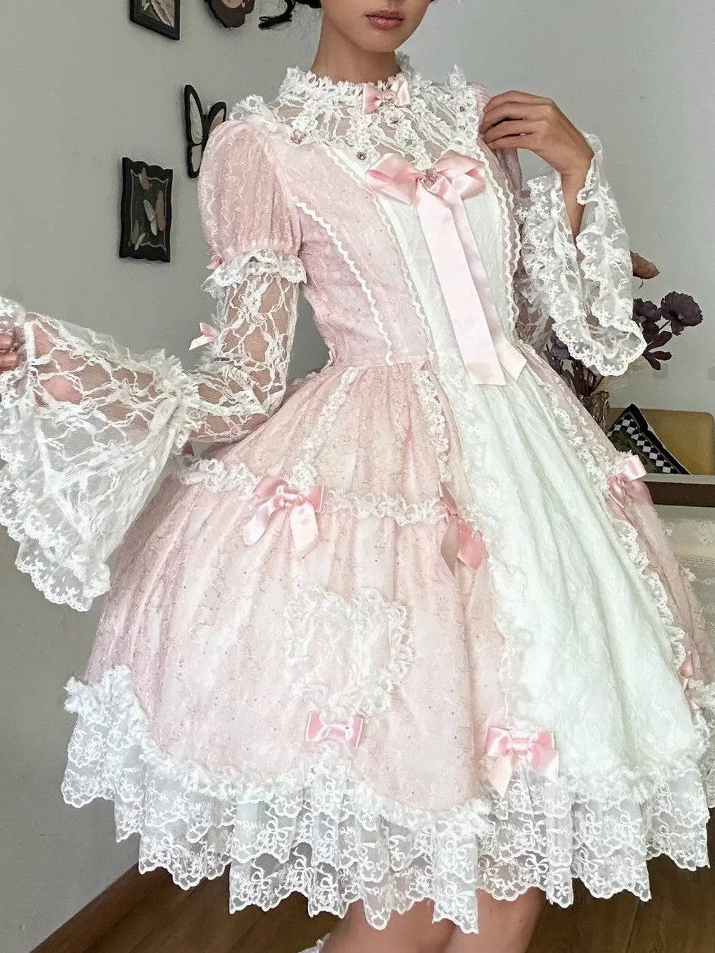 Lacy Doll - Pink Rhinestone Lace Lolita OP Dress and Accessories - image 5