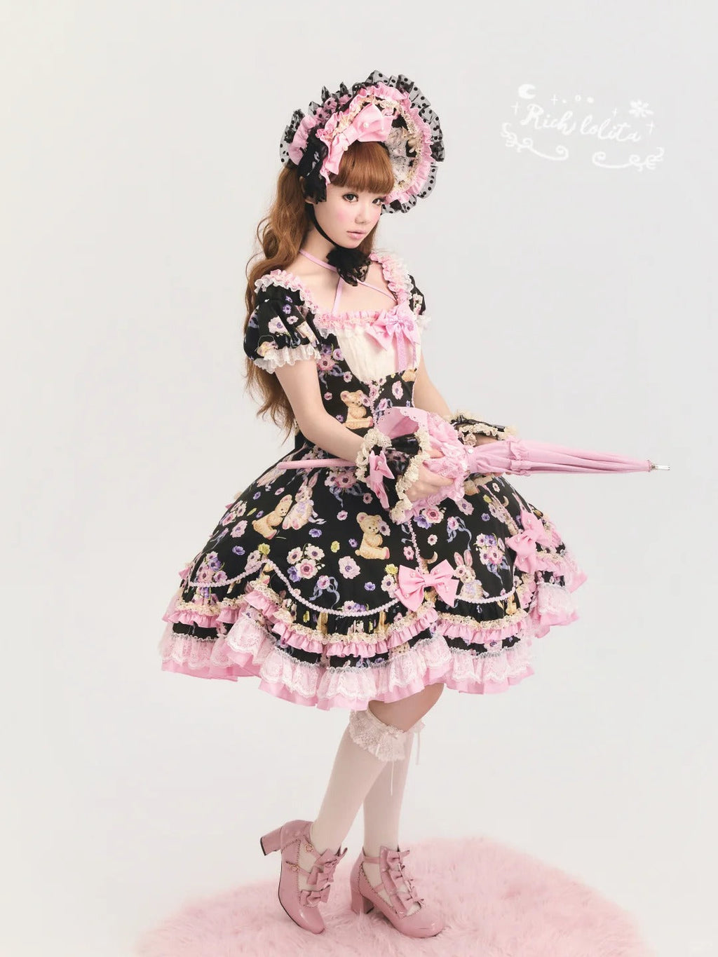 Be My Sweetheart Bear Bunny Floral Print Fitted Sweet Lolita OP Dress - image 5