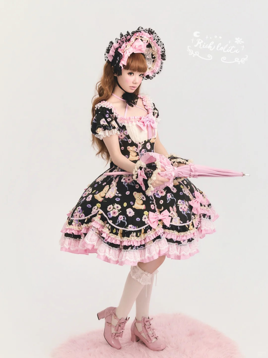 Be My Sweetheart Bear Bunny Floral Print Fitted Sweet Lolita OP Dress - image 5
