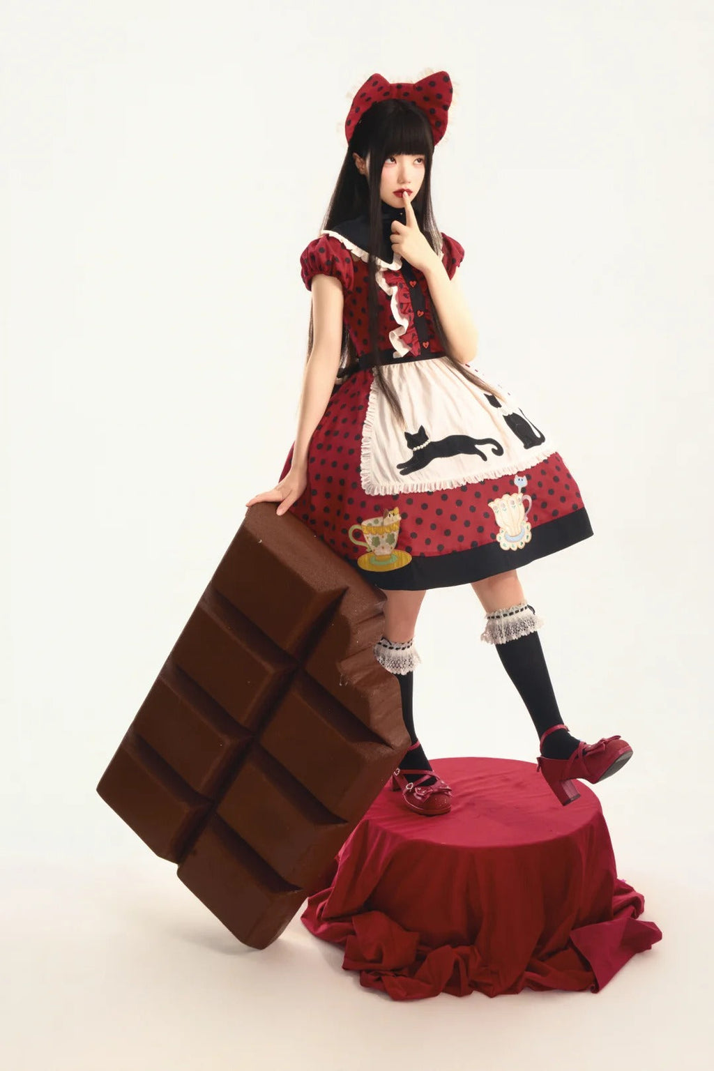 Teacup Cat - Vintage Polka-Dot Lolita OP Set - image 8