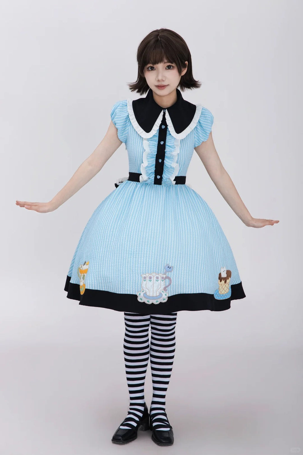 Tea Cup Meow Blue Black Cat Ear Alice Apron Sweet Lolita OP Dress - image 9