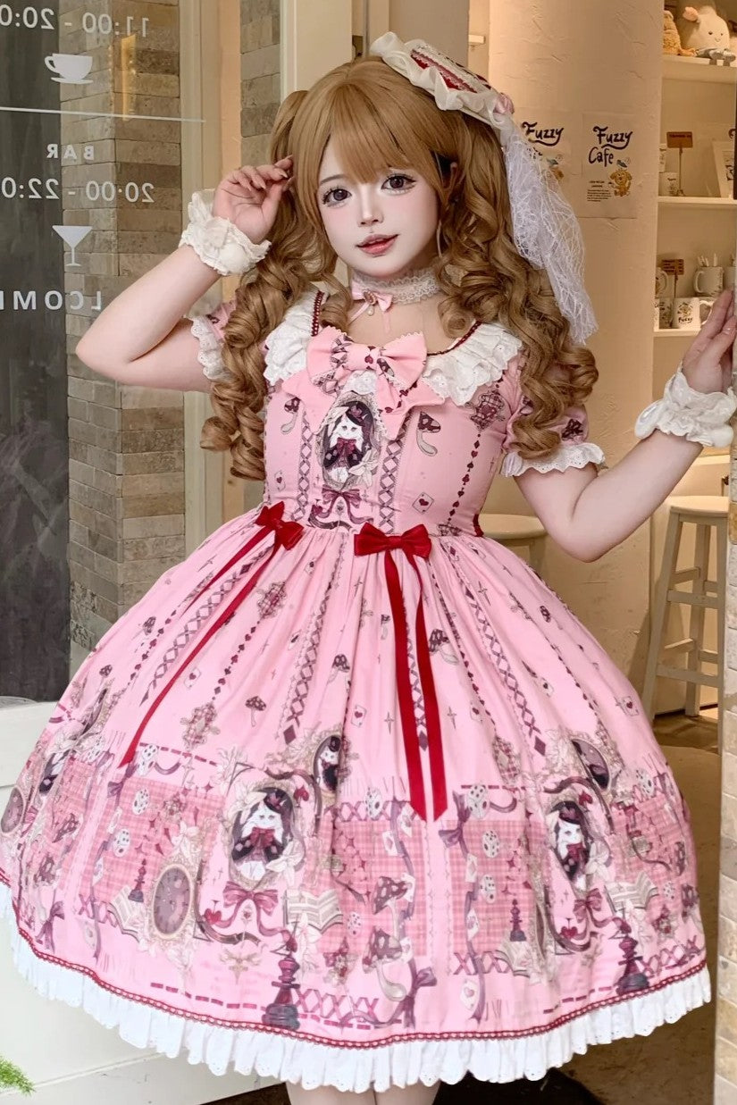 Illusion Meow Duke Pink Cat Print Sweet Lolita OP and JSK Dress and Accessories - image 4