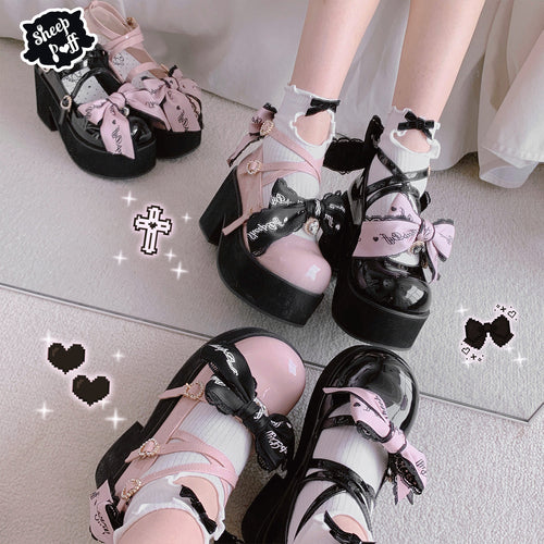 Black Pink Japanese Lolita Thick Heel Shoes - image 2