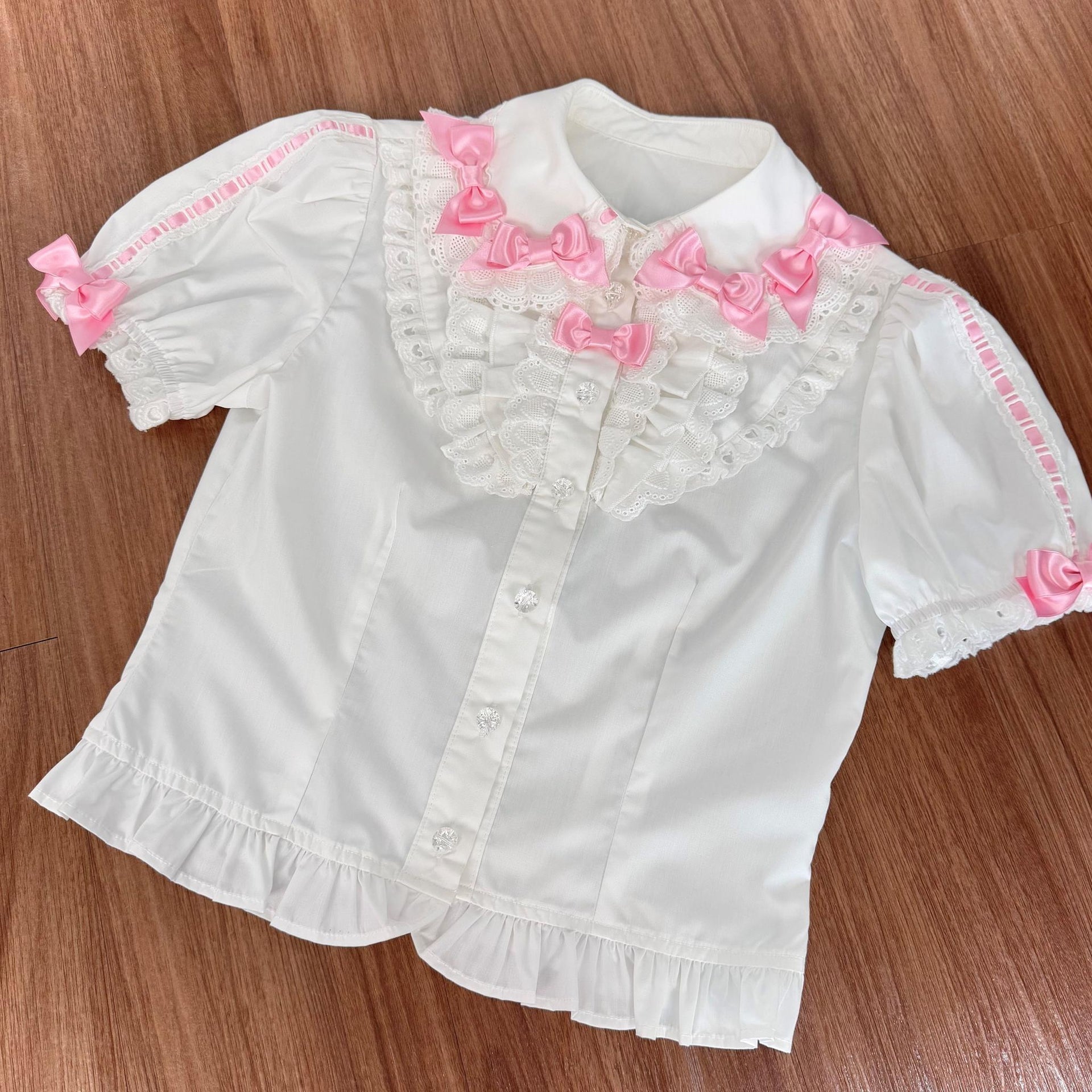 Short Sleeve Blouse Only - White (with pink bows) - Summer 2026 TaTaTa Lolita coordinate piece