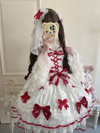 Sweet Princess Red and White Lolita JSK Dress, Veil and Bow Train Set - image 5