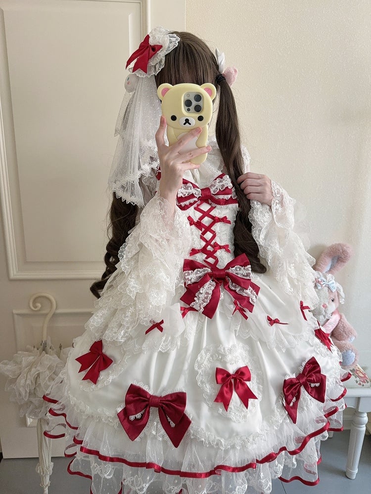 Sweet Princess Red and White Lolita JSK Dress, Veil and Bow Train Set - image 5