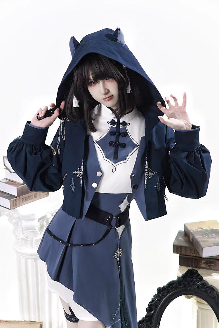 Indigo Shadow Journey - Stand Collar Long Sleeves Embroidered Hooded Asymmetric Punk Ouji Lolita Dress Four-Piece Set - image 15