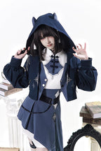 Indigo Shadow Journey - Stand Collar Long Sleeves Embroidered Hooded Asymmetric Punk Ouji Lolita Dress Four-Piece Set - image 15