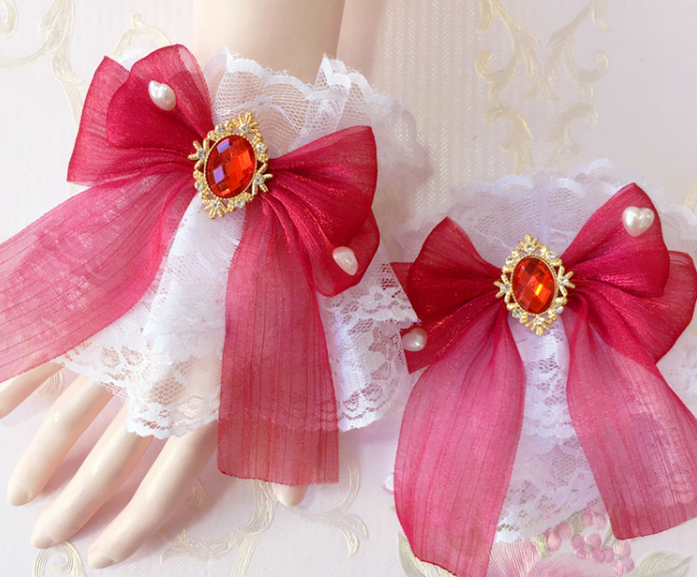 Sakura Home - Sweet Lolita Handmade Lace Bows Cuffs - image 6