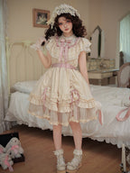 Beige Rosette Jacquard Lolita OP Dress with Layered Ruffles - image 3