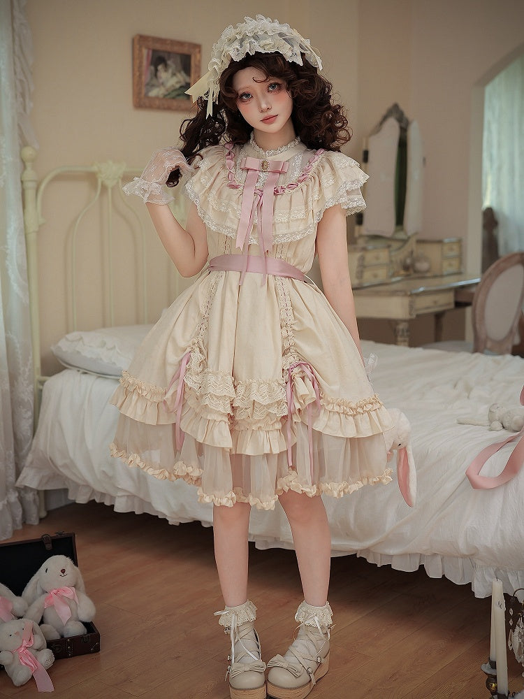 Beige Rosette Jacquard Lolita OP Dress with Layered Ruffles - image 3