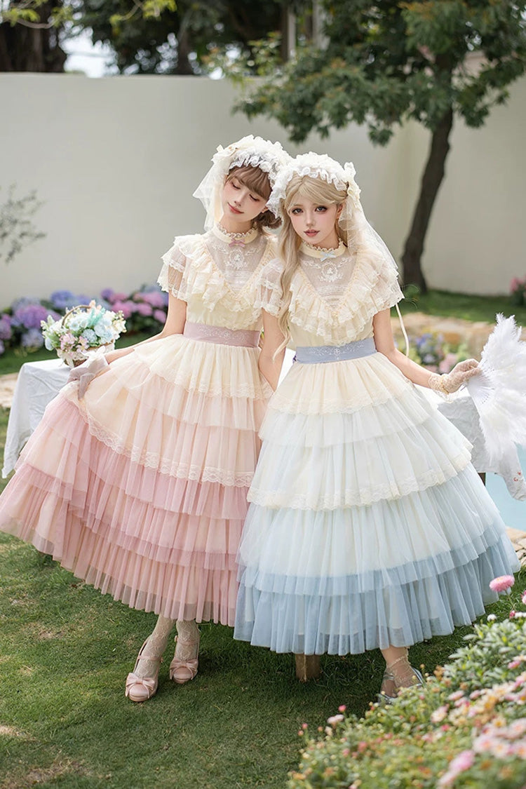 Sincere Vow - Edwardian Collar Short Sleeves Ombre Multi-Layered Ruffled Embroidered Sweet Lolita Dress - image 2