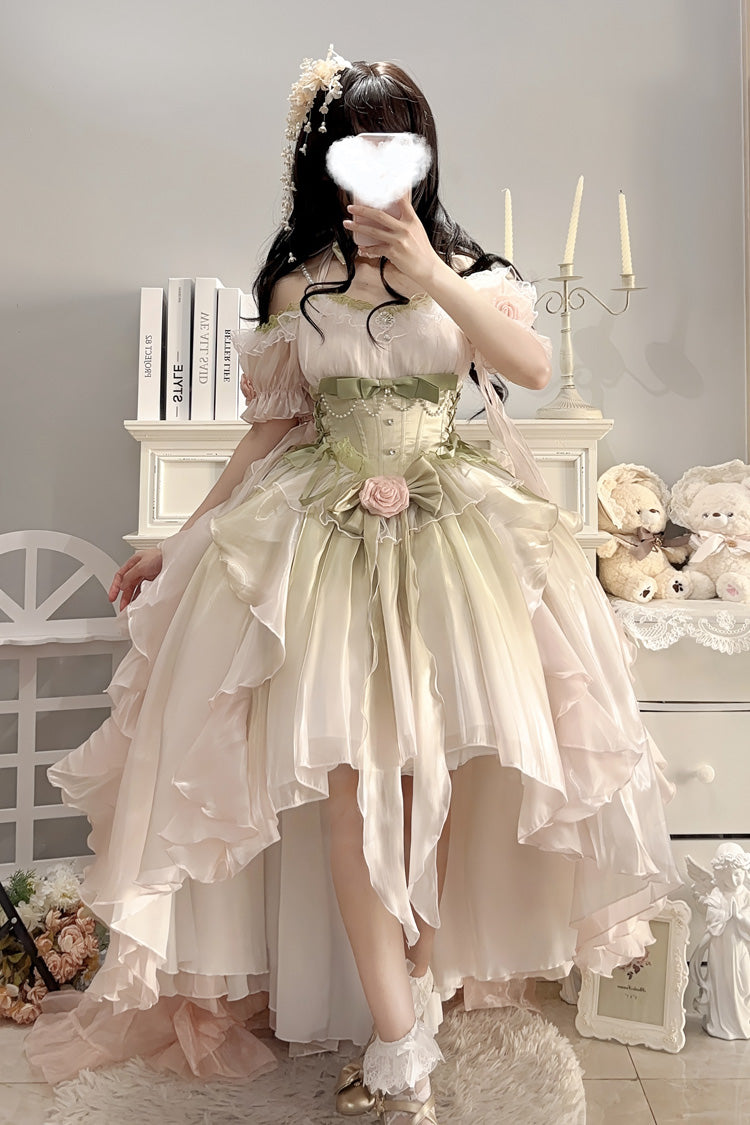 Light Pink and Green Bowknot Irregular Sweet Princess Lolita JSK Dress - image 2