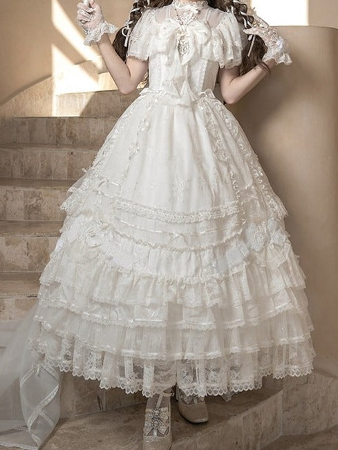 Ivory Floral Embroidered Lolita Gown with Lace Trim and Bow Train - Mademoiselle Pearl - image 10