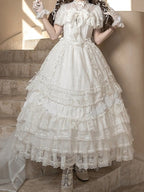 Ivory Floral Embroidered Lolita Gown with Lace Trim and Bow Train - Mademoiselle Pearl - image 10