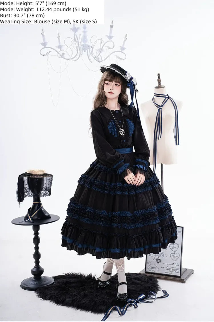 Wings and Bouquet - Dark Classic Lolita Blouse and SK Set, Layered Blue Ruffles - image 5