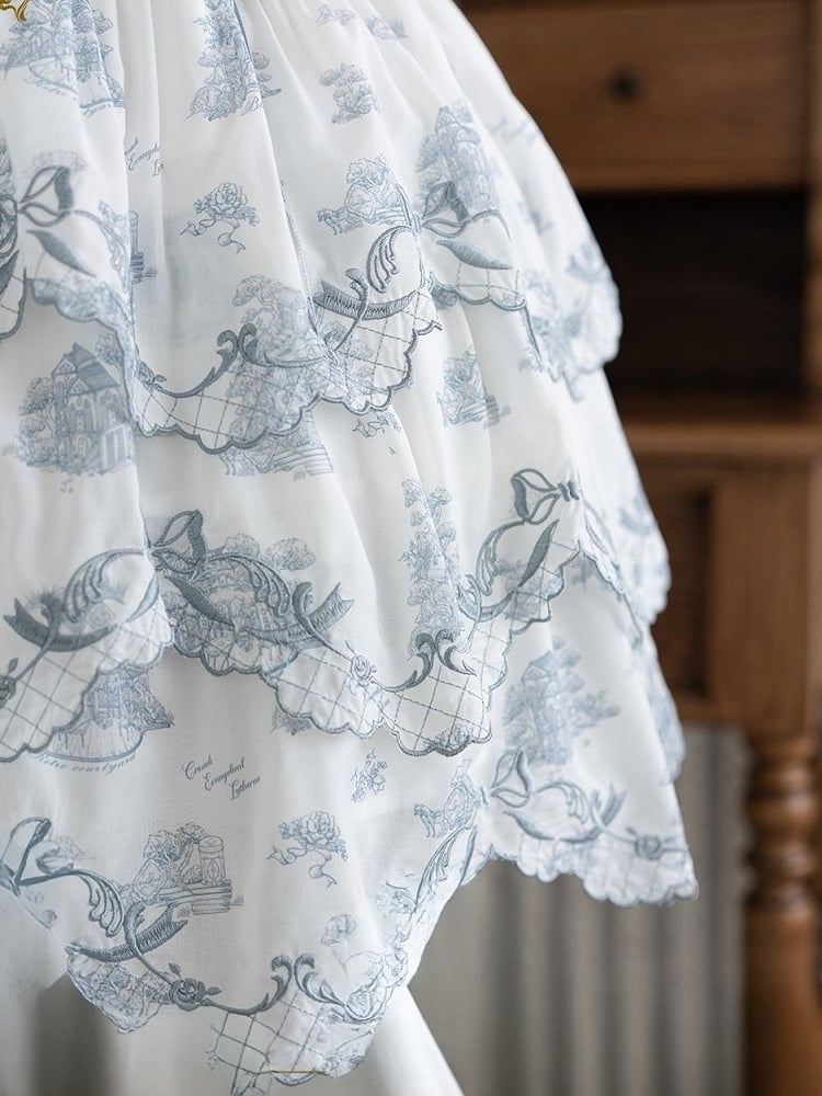 White and Blue Floral Embroidered Lolita JSK with Detachable Belt - image 4