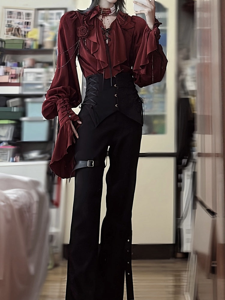 Regal V-Neck Shirt and Corset Pants Set - Shi Zhi Mao - image 4