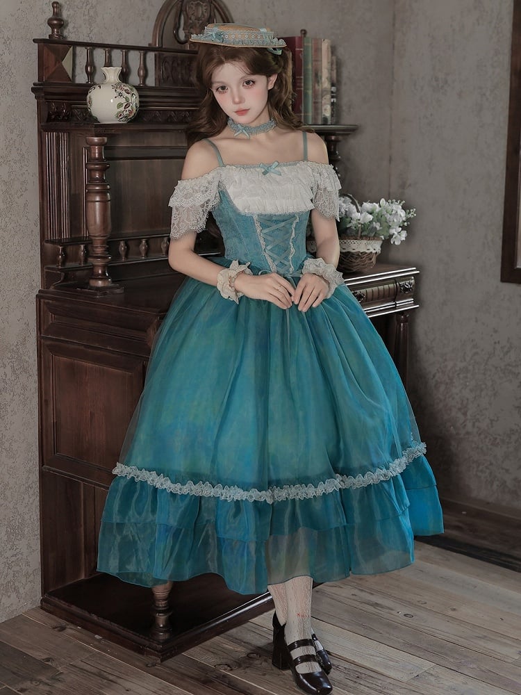 Teal Flutter-Sleeve Lolita JSK with Lace-Up Back and Tiered Skirt - image 9