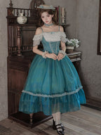 Teal Flutter-Sleeve Lolita JSK with Lace-Up Back and Tiered Skirt - image 9
