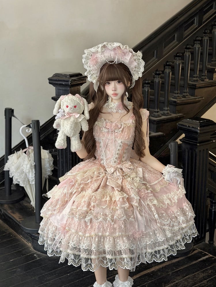 Pink Layered High-Low Lolita JSK Dress with Floral Bow Accents - image 4