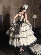 Beige and Black Swan-Embroidered Ruffled Classic Lolita JSK - image 2