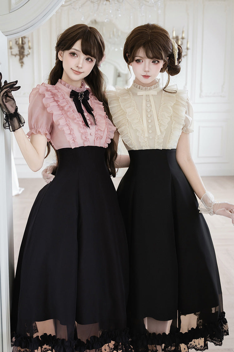 Miss Lola · Snow Kiss - Stand Collar Short Puff Sleeves Ruffled Color-Blocked Faux Two-Piece Sweet Lolita Long Dress 3 Colors - image 11