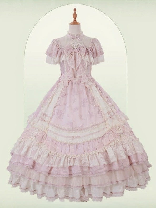 Refined Pink Lace-Trim Floral Embroidered Lolita Dress with Bow Train - Mademoiselle Pearl - image 2