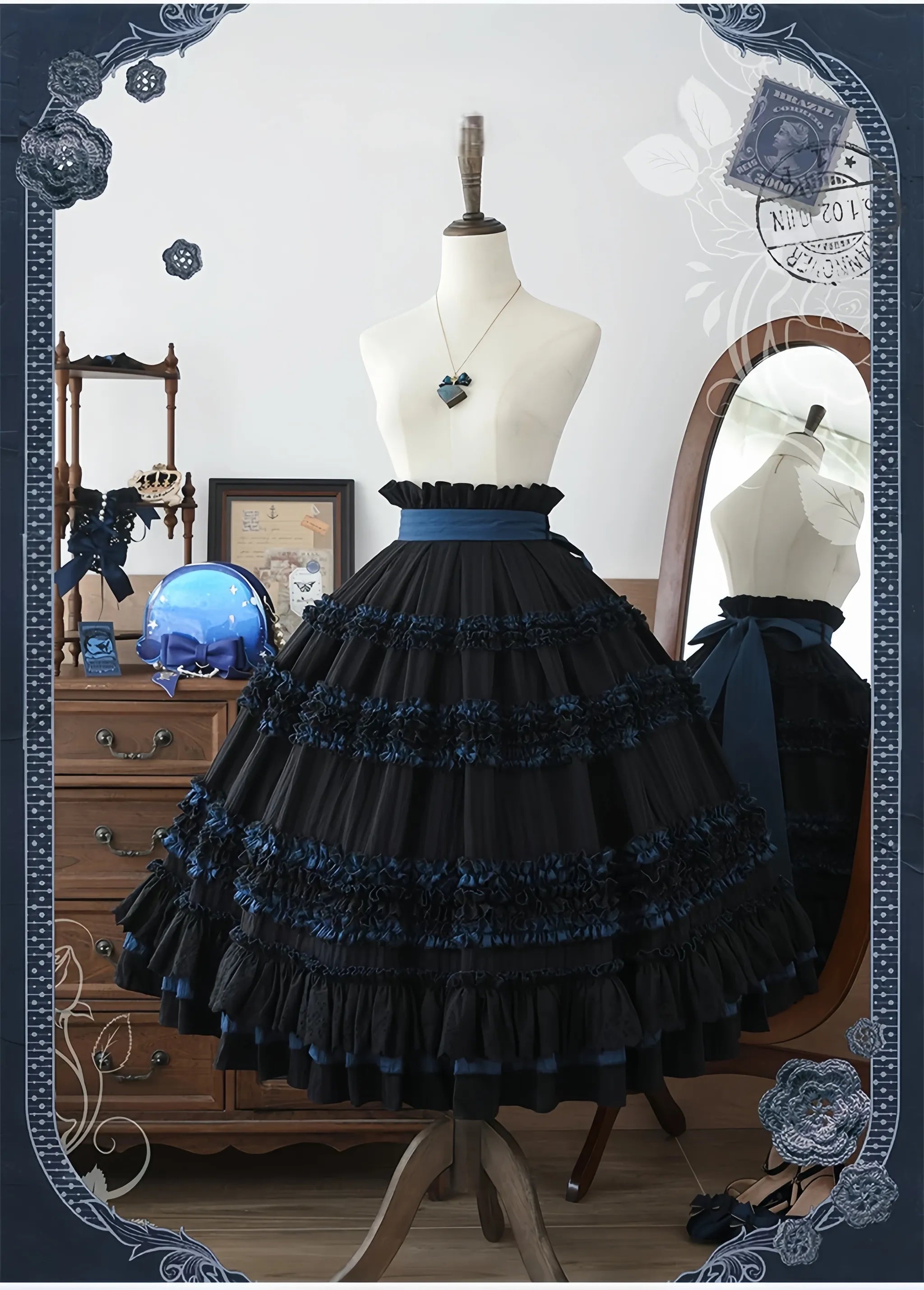 Wings and Bouquet - Dark Classic Lolita Blouse and SK Set, Layered Blue Ruffles - image 2