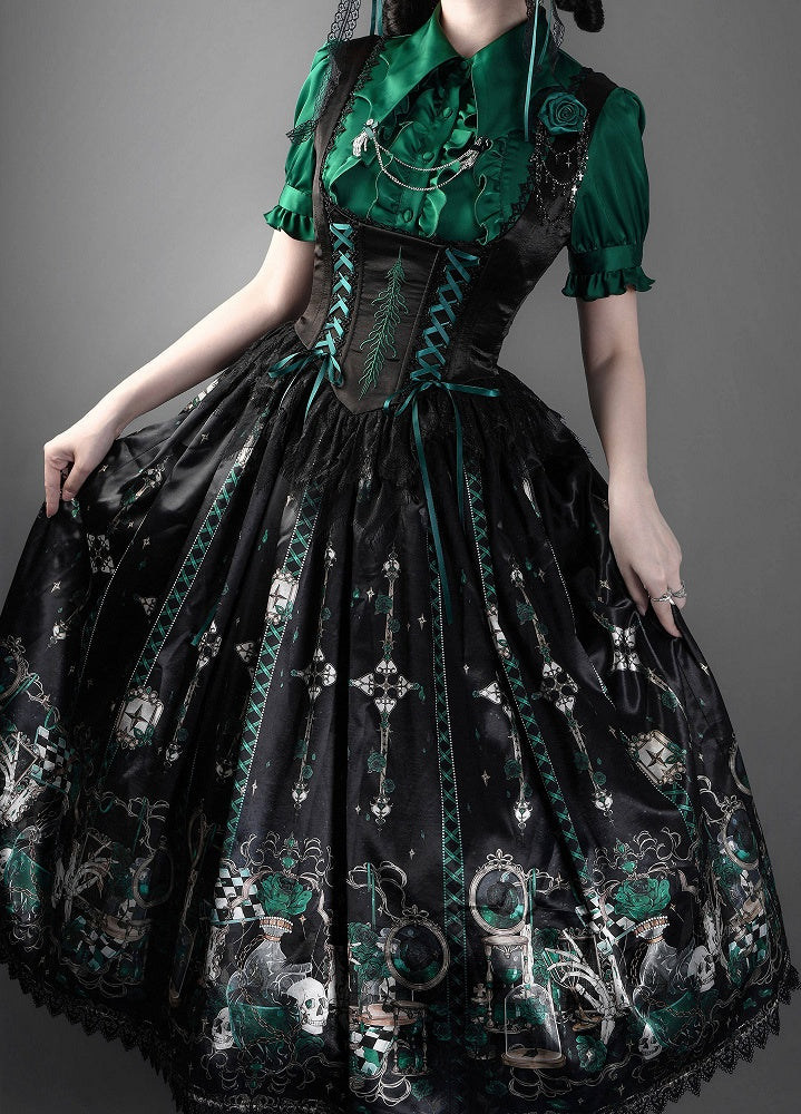 Green Rosette and Skull Print Gothic Corset JSK - image 6