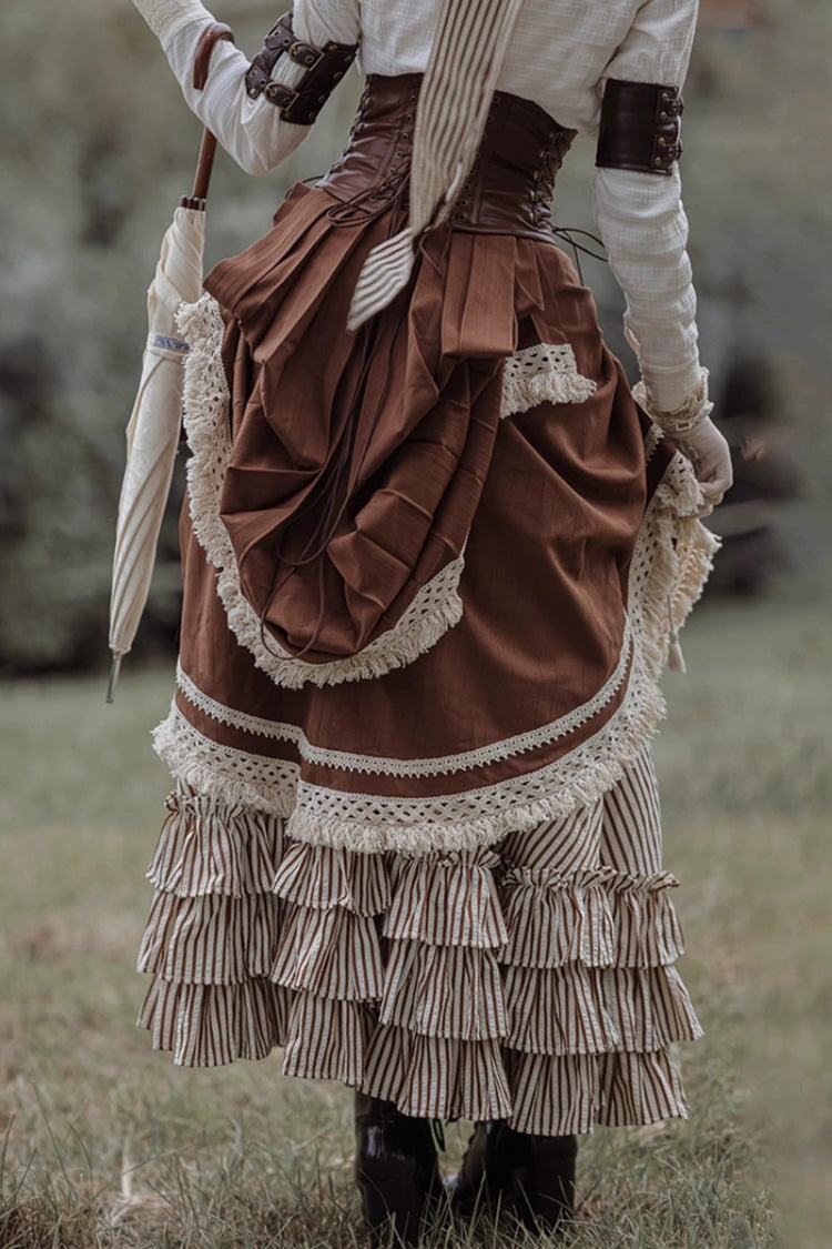 Victorian Stripes - Classic Lolita Tiered Skirt in White and Brown - image 3