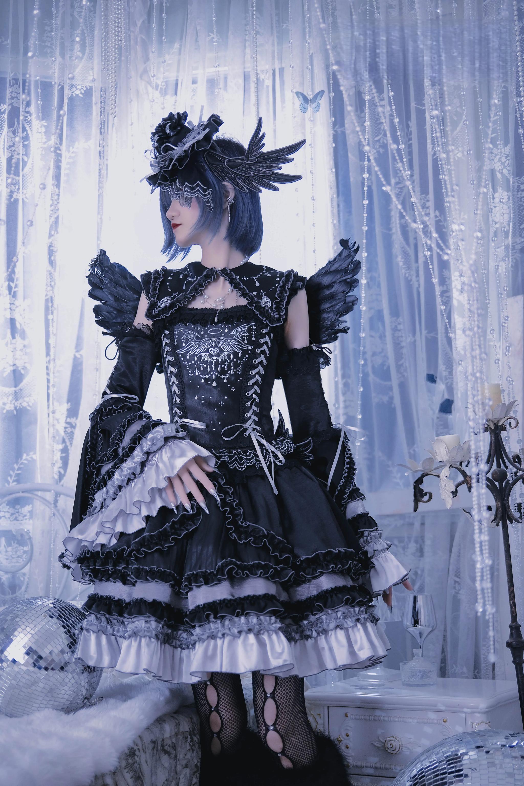 Metallic Angel Black Gothic Lolita Top and Ruffled Skirt Set - image 1