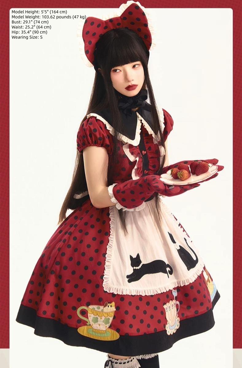 Teacup Meow - Old School Lolita Polka Dot OP Dress, Cat and Teacup Patch - image 7